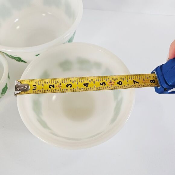 Set of 3 Vintage Hazel Atlas Green Ivy Milk Glass Mixing Nesting Bowls 5" 7" 8" - Picture 9 of 12